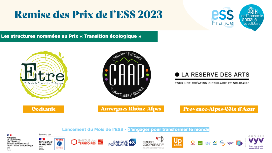 La réserve des arts méditerranée et CAAP, nommés dans la catégorie Transition écologique des Prix de l'ESS 2023 