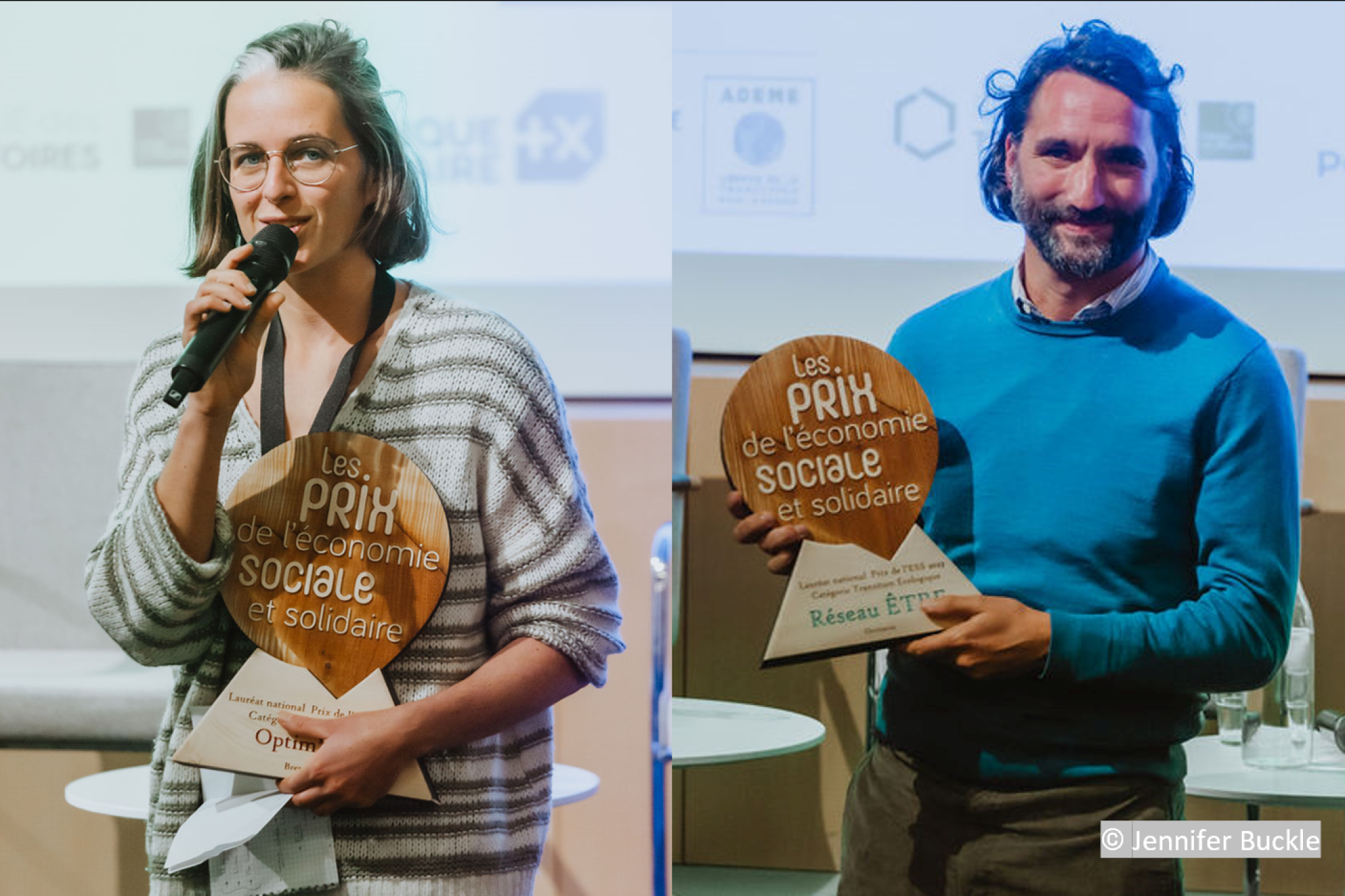 Photo des deux lauréats des Prix de l'ESS 2023 - Optim'ism et le Réseau ETRE, lors de l'événement de lancement du Mois de l'ESS 2023