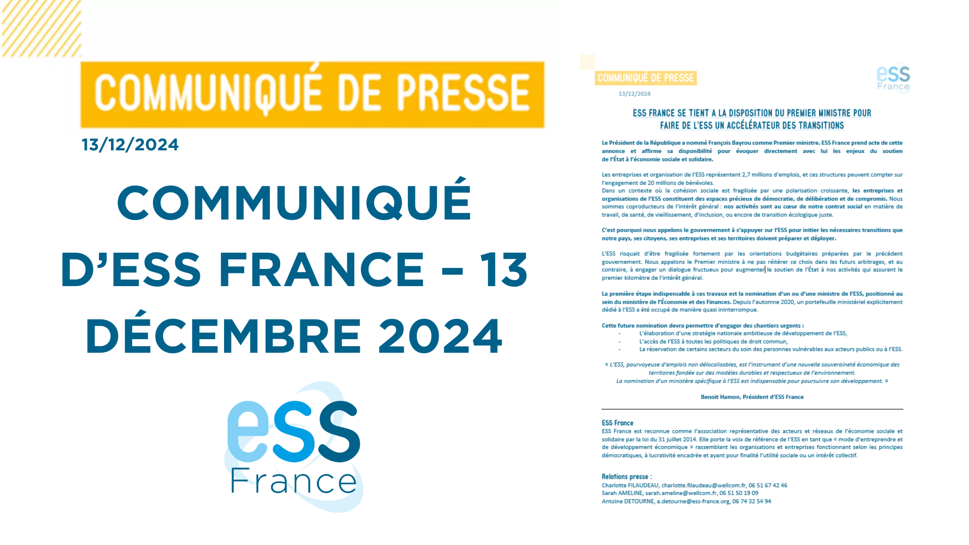 [CP] ESS France se tient à la disposition du Premier Ministre pour faire de l’ESS un accélérateur des transitions