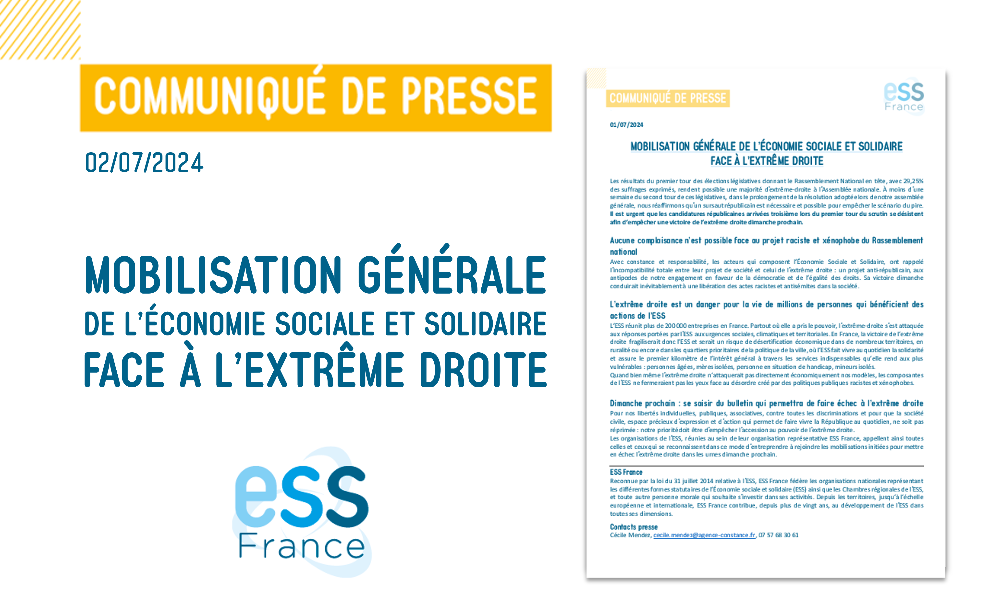 CP d'ESS France : Mobilisation générale de l'économie sociale et solidaire face à l'extrême droite