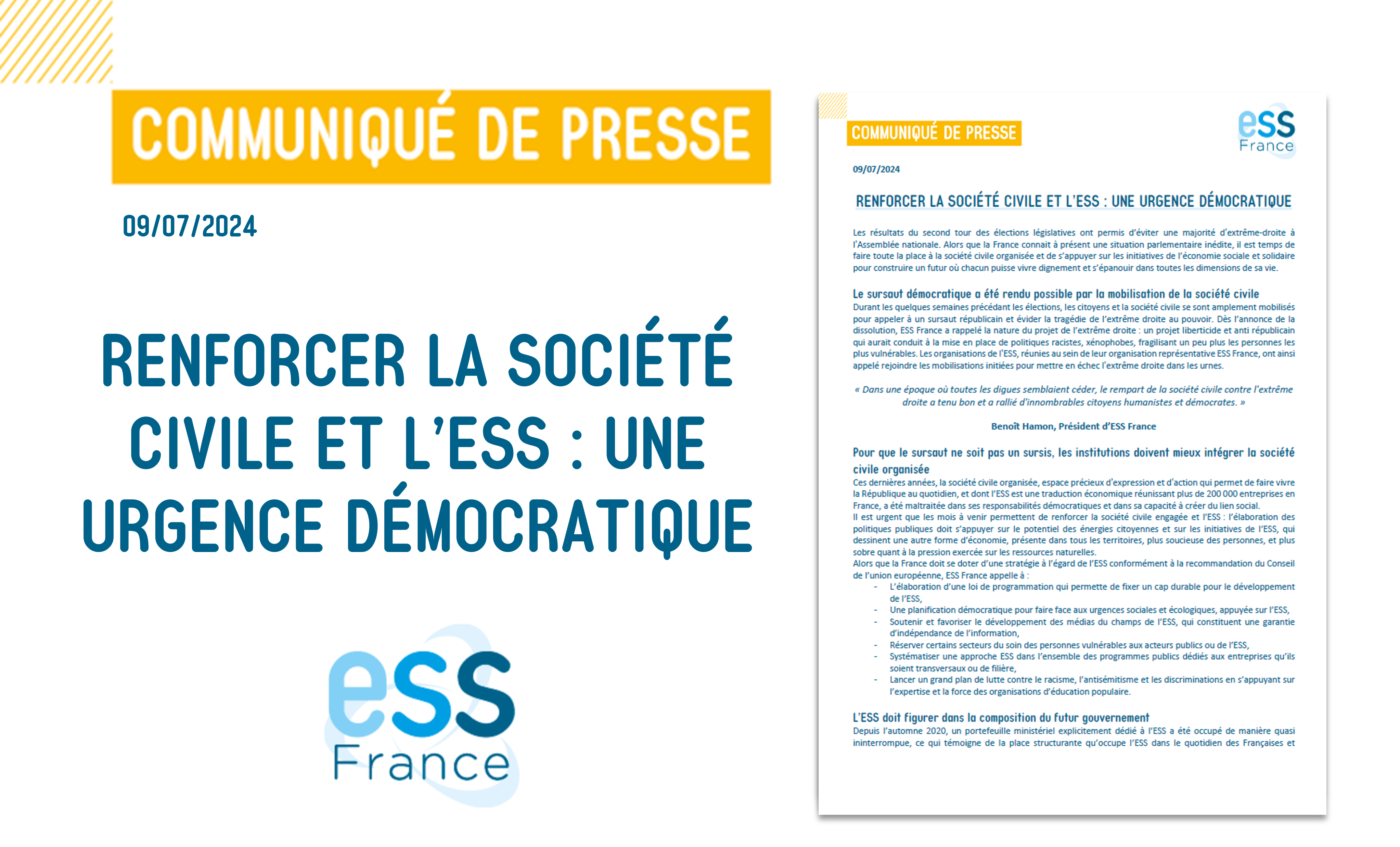 Communiqué d'ESS France : Renforcer la société civile et l'ESS : une urgence démocratique