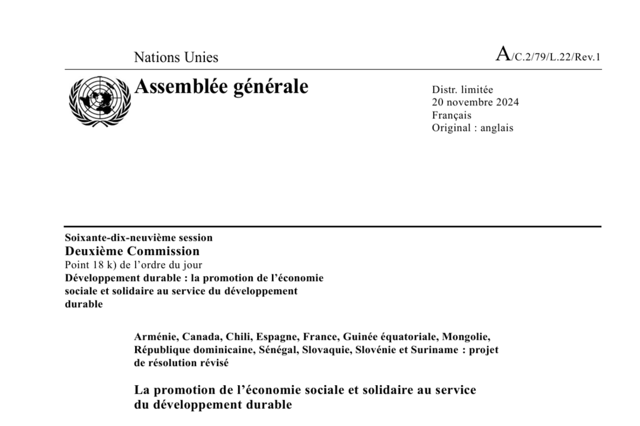 Nouvelle résolution adoptée à l'Assemblée Générale des Nations-Unies