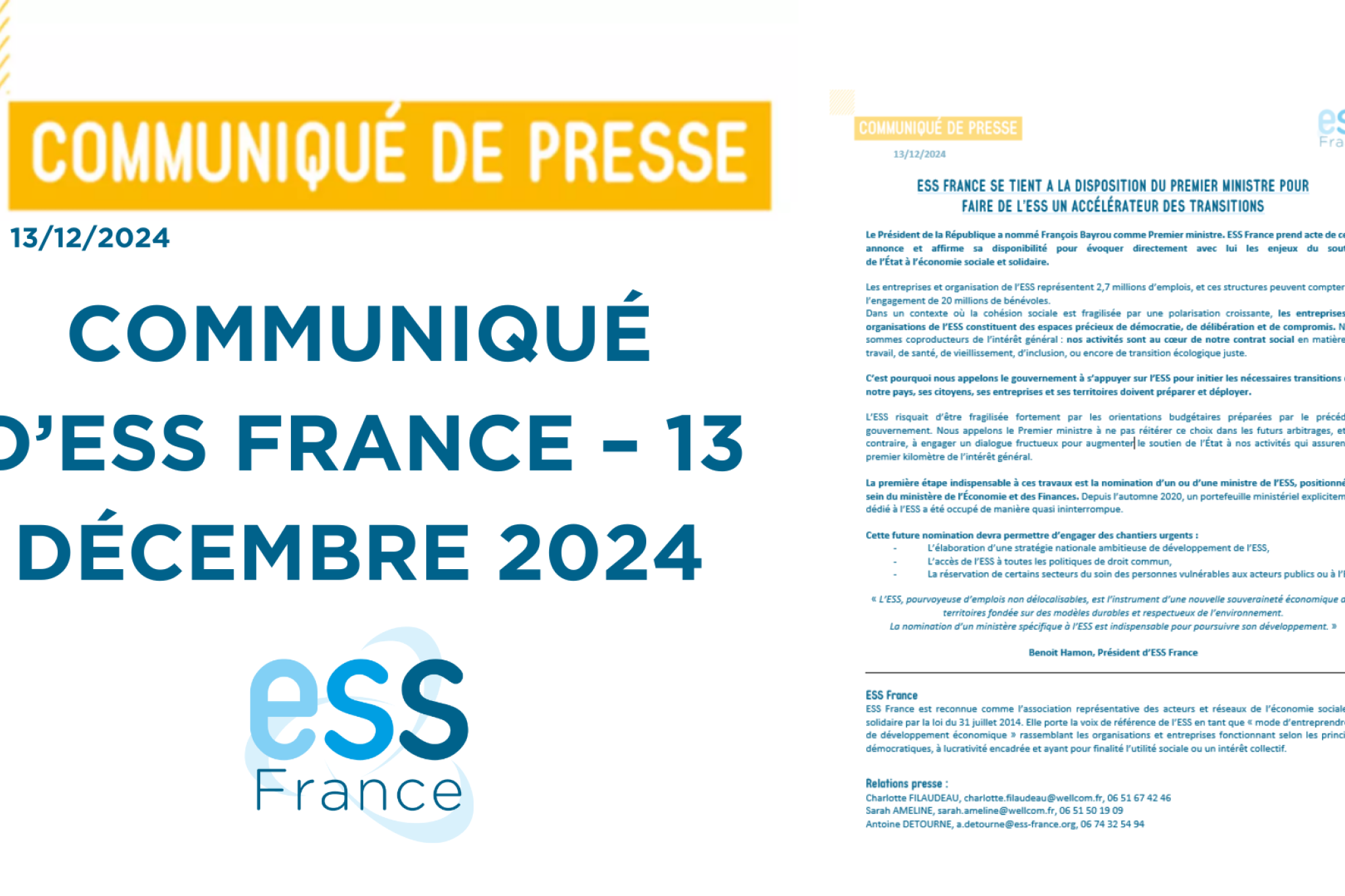 [CP] ESS France se tient à la disposition du Premier Ministre pour faire de l’ESS un accélérateur des transitions