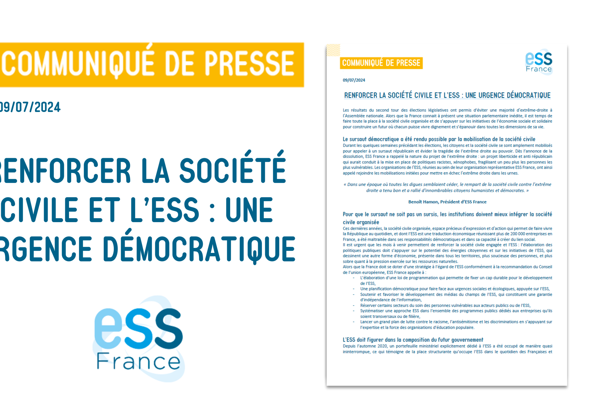 Communiqué de presse : Renforcer la société civile et l'ESS : une urgence démocratique
