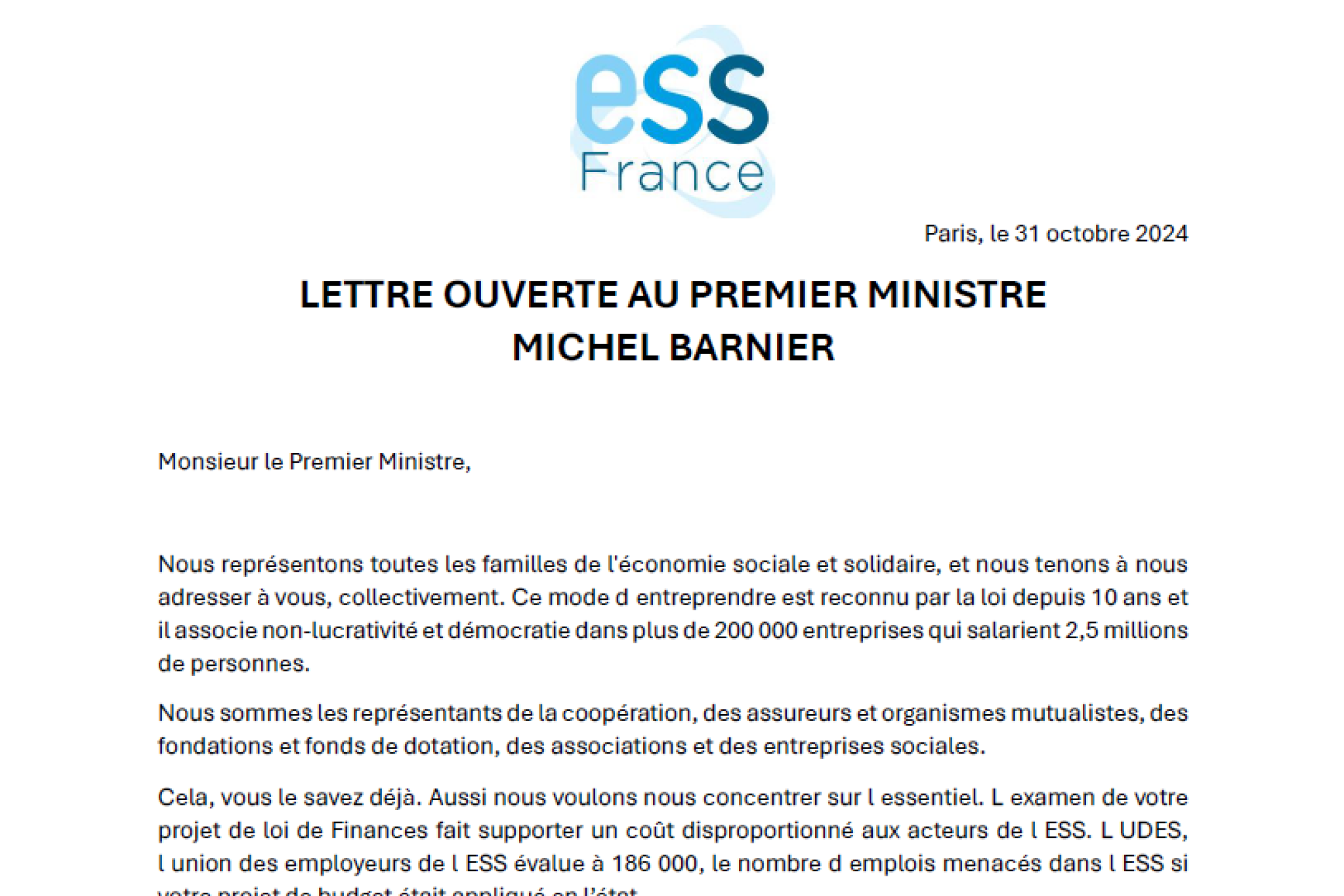 Lettre ouverte d'ESS France au Premier Ministre, Michel Barnier