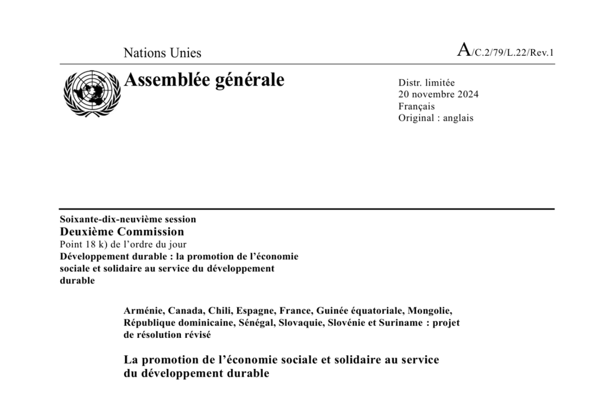 Nouvelle résolution pour l'ESS adoptée à l'Assemblée Générale des Nations-Unies