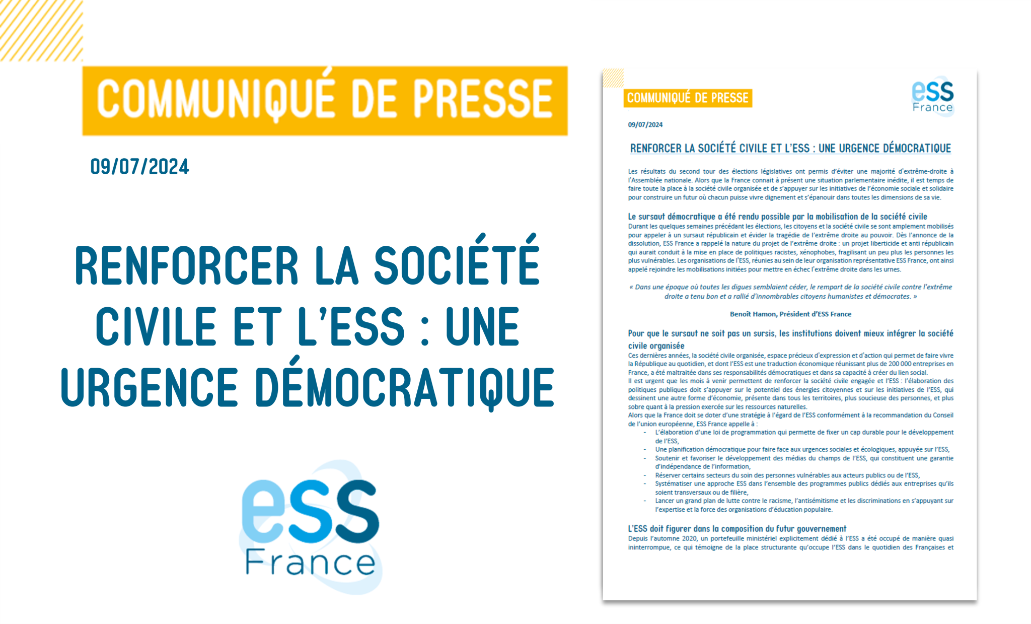 Communiqué de presse - Renforcer la société civile et l'ESS : une urgence démocratique