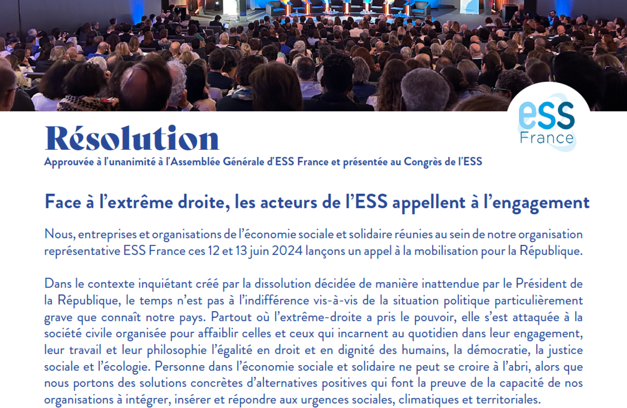 Résolution "Face à l'extrême droite, les acteurs de l'ESS appellent à l'engagement"